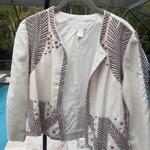EUC, 0, Chico's Cream and Brown with Coral and blue Beading Embroidered Blazer